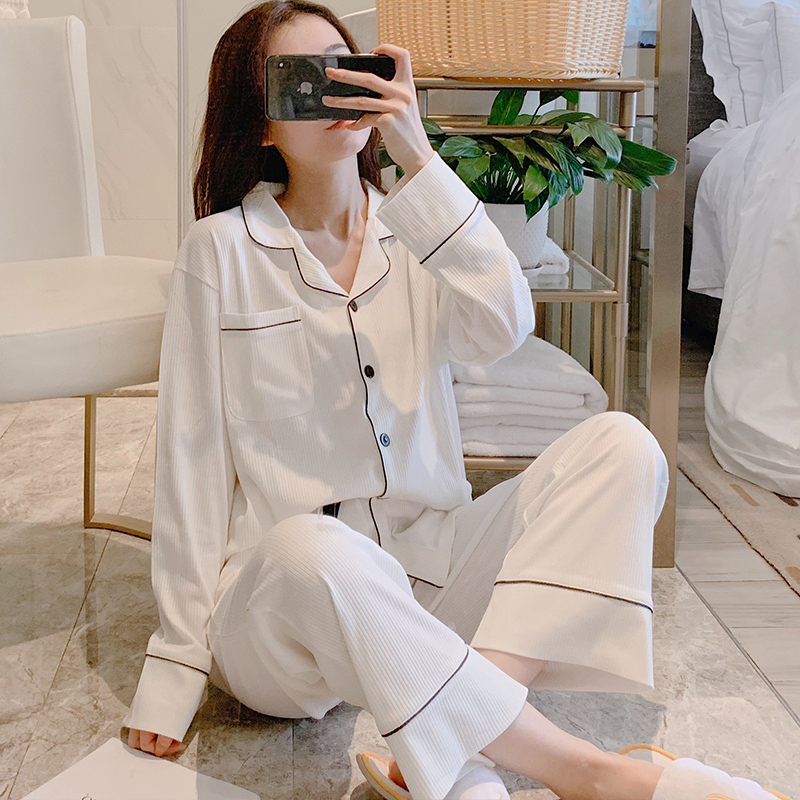 Angelina zl Korean style pajamas women's spring and autumn long-sleeved cardigan simple white cotton home service two-piece suit
