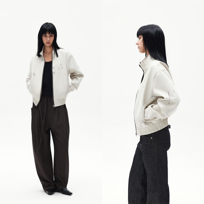 Dert'Nomad' Distressed Jacket Stand Collar Structured White Coat Dert'Nomad' Distressed Jacket Stand Collar Structured White Coat