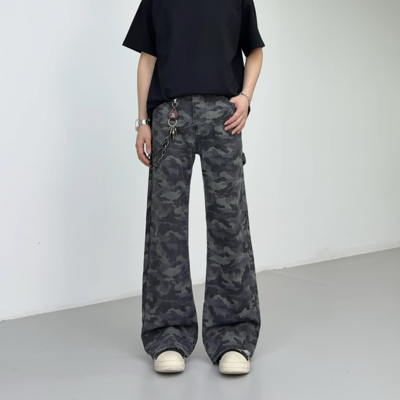 Mksn American Retro Street Straight-Leg Camouflage Pants for Men and Women, Dark Pattern, Slightly Flared, Slimming, Loose, Drapey, Casual Cargo Pants