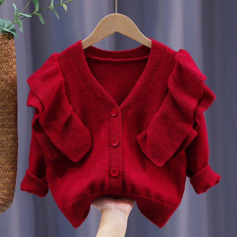 Girls Cardigan Sweater Jacket New Year's Red Small Fragrance Knitted Top Spring and Autumn All-match Western Style Trend for the Year of the Tiger
