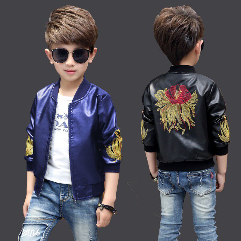 Boys jacket leather new children's clothing baby jacket big boy 2-15 years old boy blue black PU leather jacket