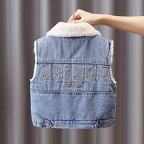 Boy Cavelvet Cowboy Machia 2022 Spring and autumn new Korean version Mens baby thickened Childrens jacket Jacket Tide