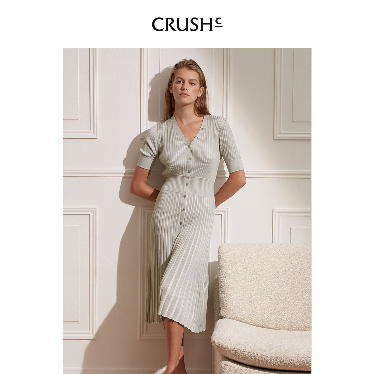 CRUSH Collection small button ribbed dress spring and summer ladies new mid-length dress designer