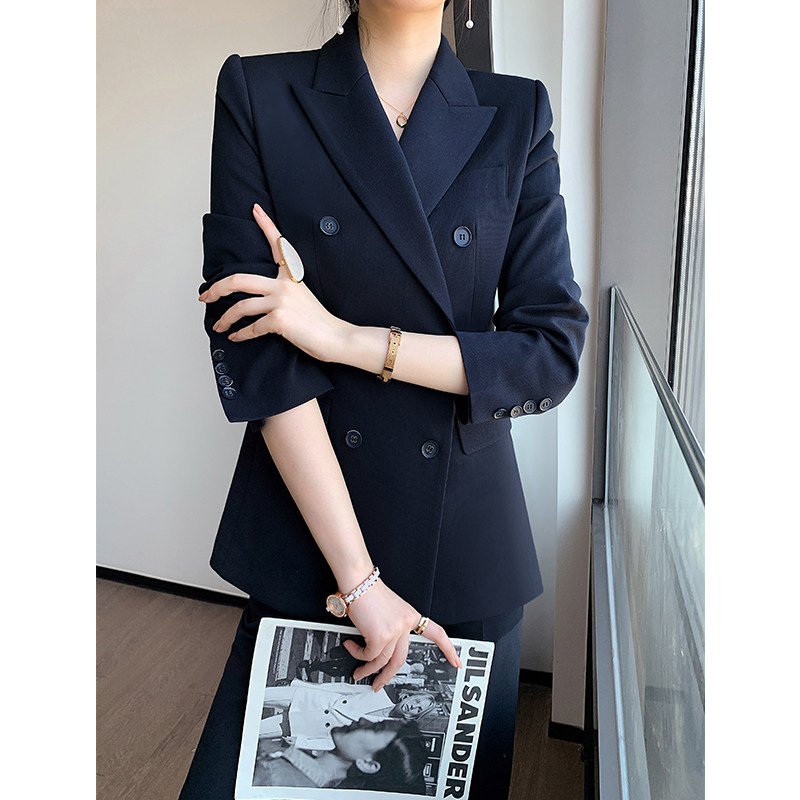 Tibetan blue suit female spring and autumn civil servant interview hotel front desk professional work temperament two-piece small suit