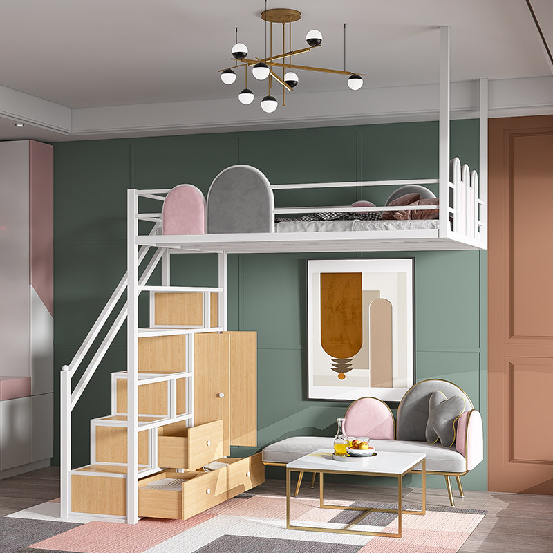 Modern elevated bed wrought iron upper bed and lower table empty duplex second floor bed high and low bed space-saving loft loft bed