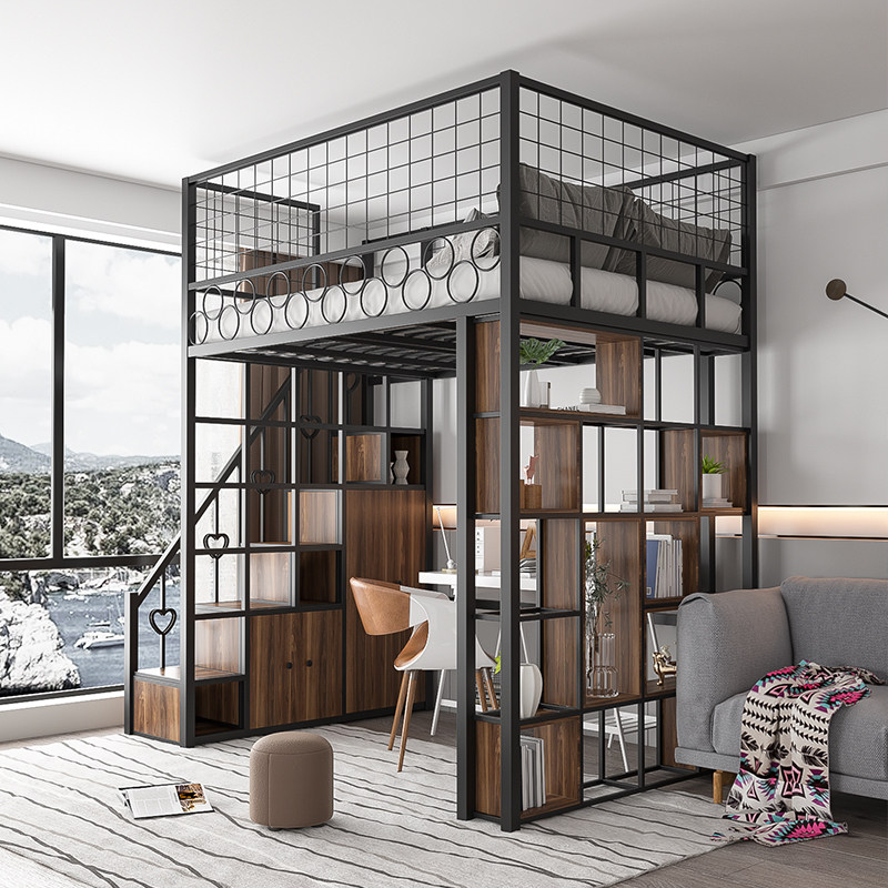 Small Family Type Multifunction Custom Province Space Duplex Loft Upper And Lower Loft Suspended Iron Art High Shelf Bed With Terraced Cabinet