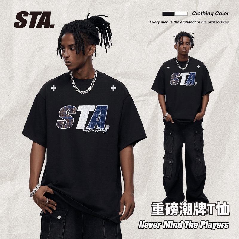 Sta【Plaid Denim】Men's Heavyweight Short-Sleeve T-Shirt, Loose Fit, Summer Trendy Brand New Style, Unisex Top