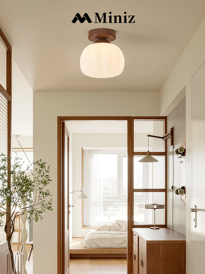 全光谱日式复古走廊过道吸顶灯南瓜入户玄关胡桃木纹护眼阳台灯