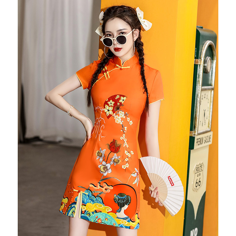 National Tide Qipao 2022 New Young Teenage Girl Summer Little Sub Short of orange Improved Chinese wind women's clothing
