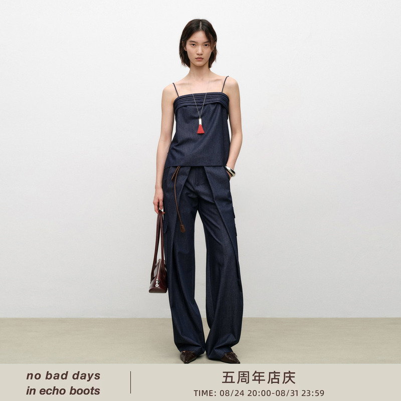 Xiaotao Same Style Lost in Echo New Irregular Pleated Faux Denim Suspender Cargo Pants with Large Pockets for Women