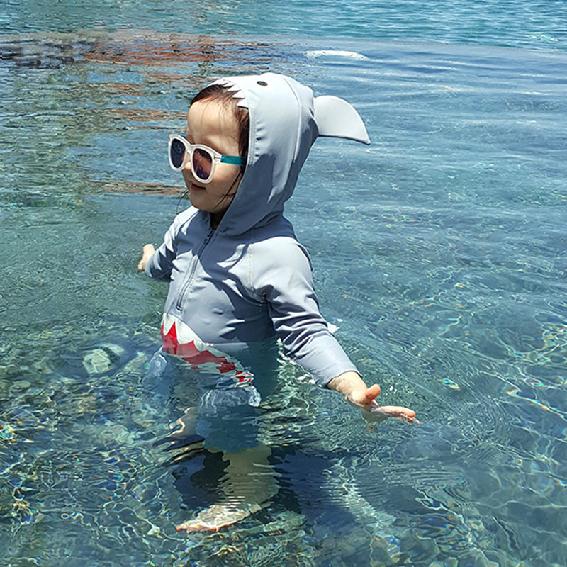 Spot next one-piece kids swimsuit boy little boy sunscreen quick-drying hooded surf suit shark pattern 0-3