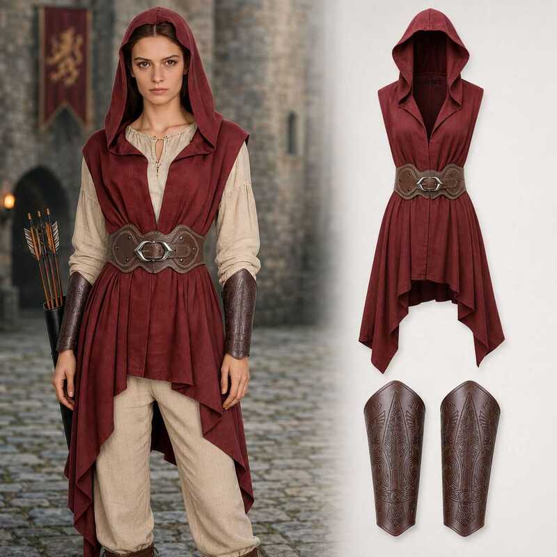 Medieval Hooded Cloak Shawl Retro Wide Belt Wrist Guard Halloween Cosplay Costume Dress up