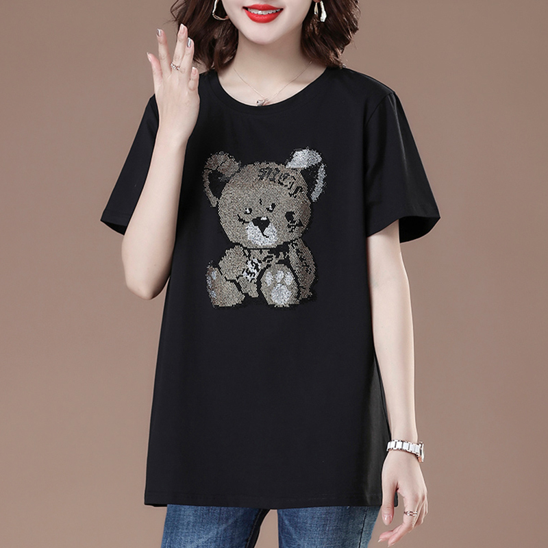 Plus-Size Women's Loose-Fitting Pure Cotton Short-Sleeve T-Shirt for Middle-Aged Moms, Stylish and Slimming, with Bear Rhinestone Half-Sleeve Top