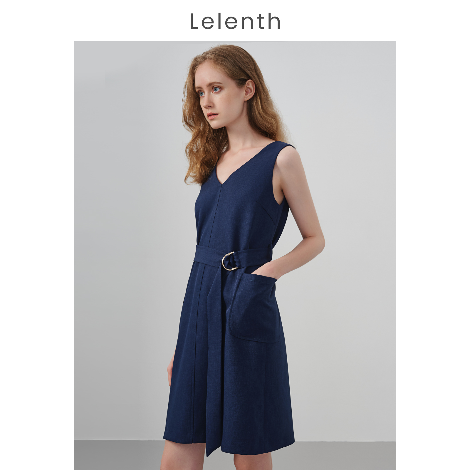 Lelenth women's summer dress V-neck suspenders sleeveless skirt new waist-less temperament open-back OL casual women's skirt