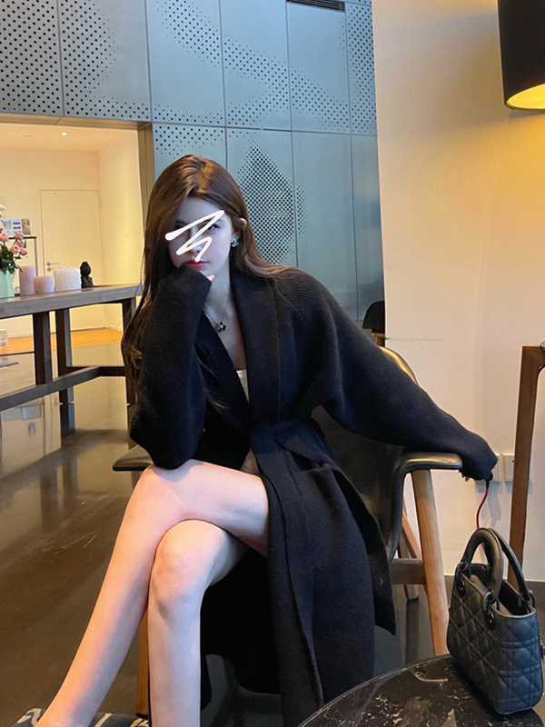Autumn and Winter Lazy Style Mid-Length Nightgown Bathrobe Style Cashmere Lace-Up Knitted Cardigan Women's Loose Thickened Sweater Jacket