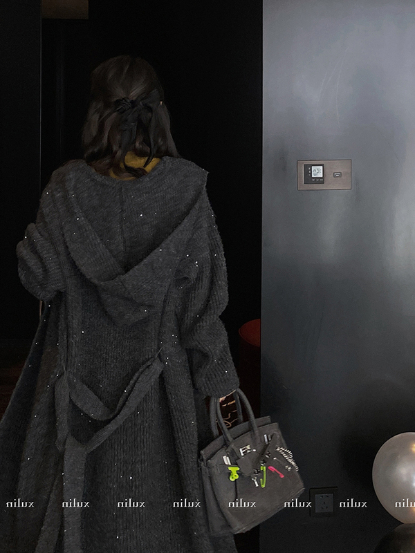 Autumn and Winter High-End Mid-Length Cashmere Knitted Cardigan for Women, Loose and Lazy, Shiny Hooded Sweater Jacket, Thickened