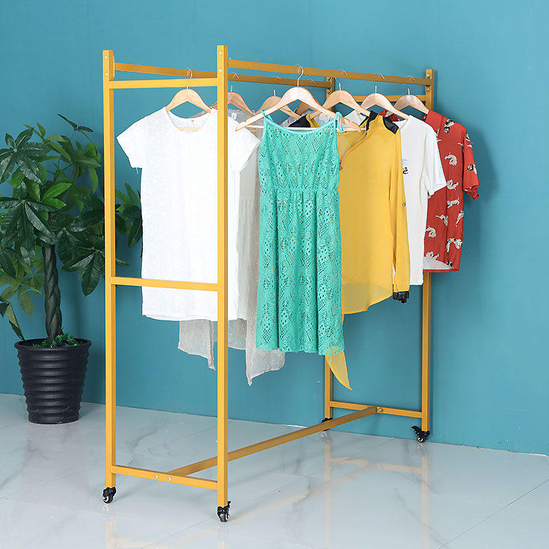 Custom gold middle island rack clothing store display rack men's and women's clothing double row middle shelf parallel bar side hanging floor hanger