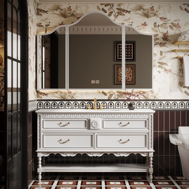 French-Style Vintage Bathroom Cabinet Set, Freestanding Washbasin with Integrated Hot-Bent Rock Slab Basin and Cabinet