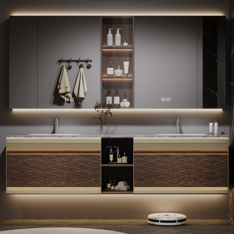 Luxury Bathroom Cabinet Set with Seamless Ceramic Double Basin, High-End Custom Washbasin Cabinet