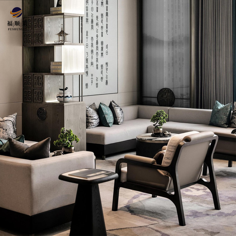 New Chinese Sample House Display Center Solid Wood Sofa Chair Sub Hotel Lobby Reception Desk room Living room Leisure sofa Custom