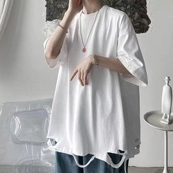 ເສື້ອຍືດແຂນສັ້ນ Ripped for men in summer brand trendy in the handsome top with boys bottoming shirt sleeves three quarters trendy Korean style