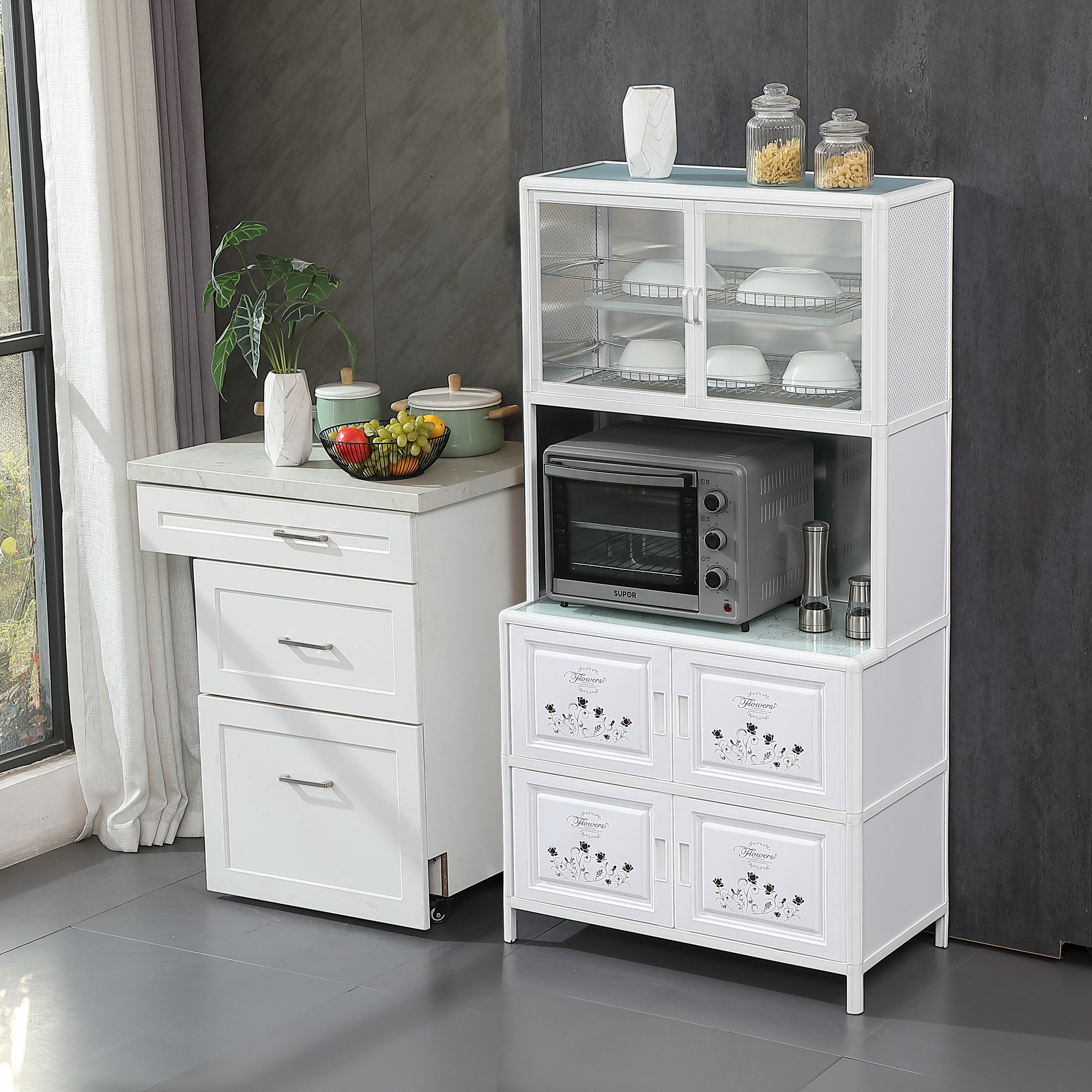 Kitchen household cupboard overall cabinet storage cabinet storage cabinet storage cabinet dining cabinet microwave aluminum alloy tea cabinet
