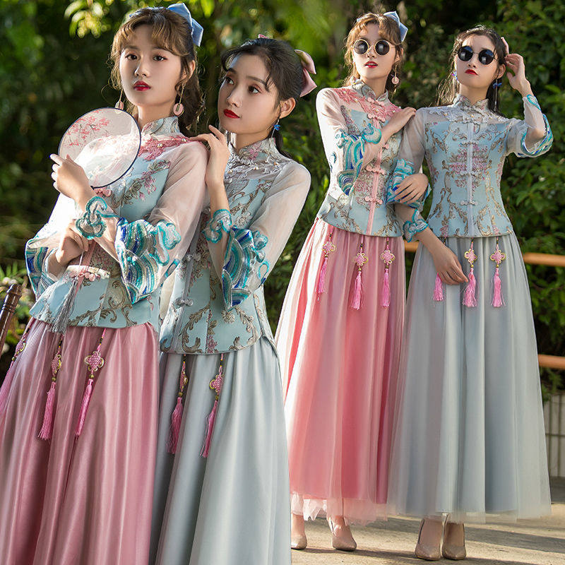 Bridesmaid dress Chinese style retro Chinese style 2021 new summer fairy temperament wedding sister dress long dress female