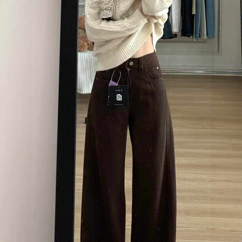 Melard Coffee-Colored Curved Hem Jeans for Women, New Autumn Style, Plus Size, Pear-Shaped Body, Loose Fit, Slimming Wide-Leg Pants