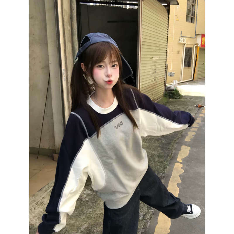 American Retro Color-Blocking Contrast Stitching Raglan Sweatshirt for Women, Autumn Sports Style Versatile Casual Loose Long-Sleeve Top