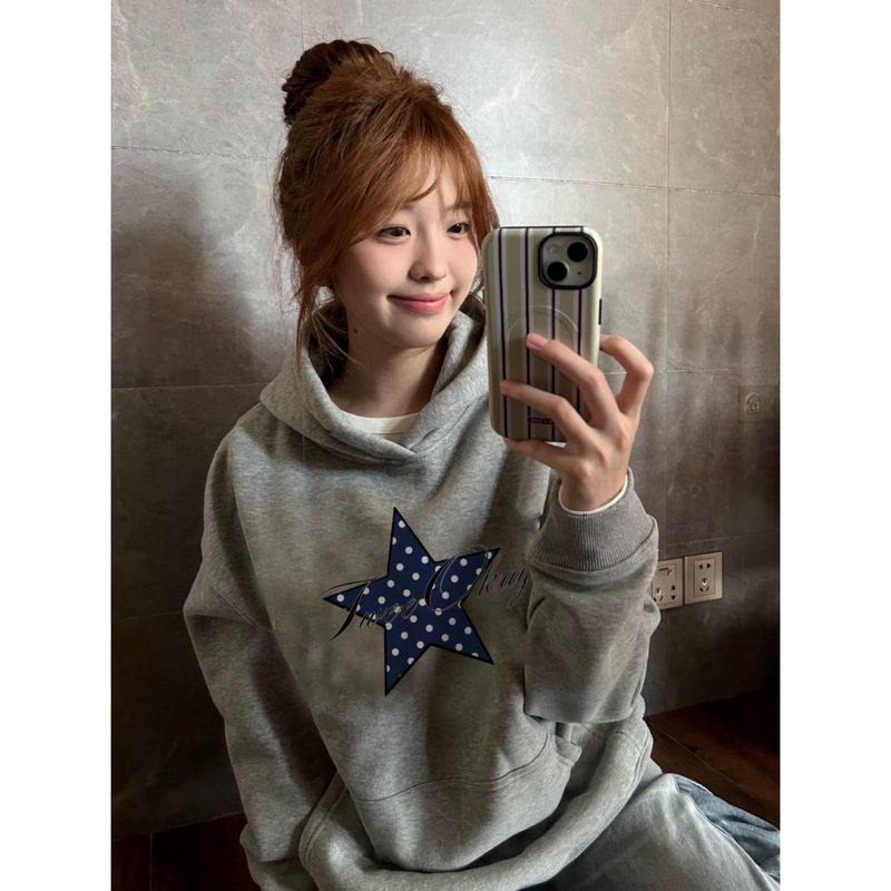Korean-Style Polka Dot Five-Pointed Star Sweatshirt for Women 2026 New Autumn Lazy Style Loose Pullover Hooded Versatile Jacket Korean-Style Polka Dot Five-Pointed Star Sweatshirt for Women 2026 New Autumn Lazy Style Loose Pullover Hooded Versatile Jacket