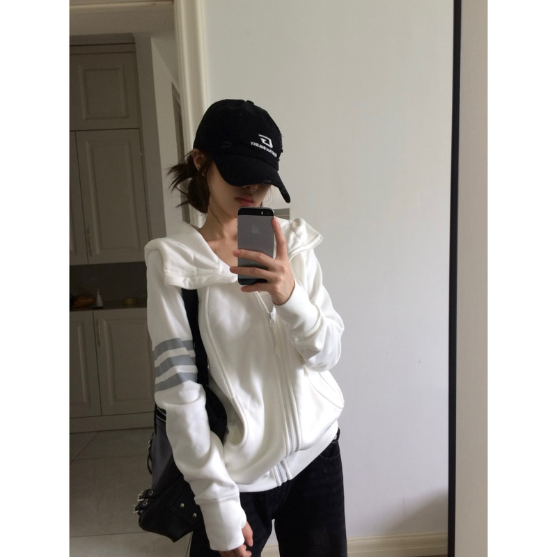 American Retro Three-Stripe Sweatshirt Jacket for Women, Autumn Design, Slim Fit, Sporty Style, Zip-Up Cardigan