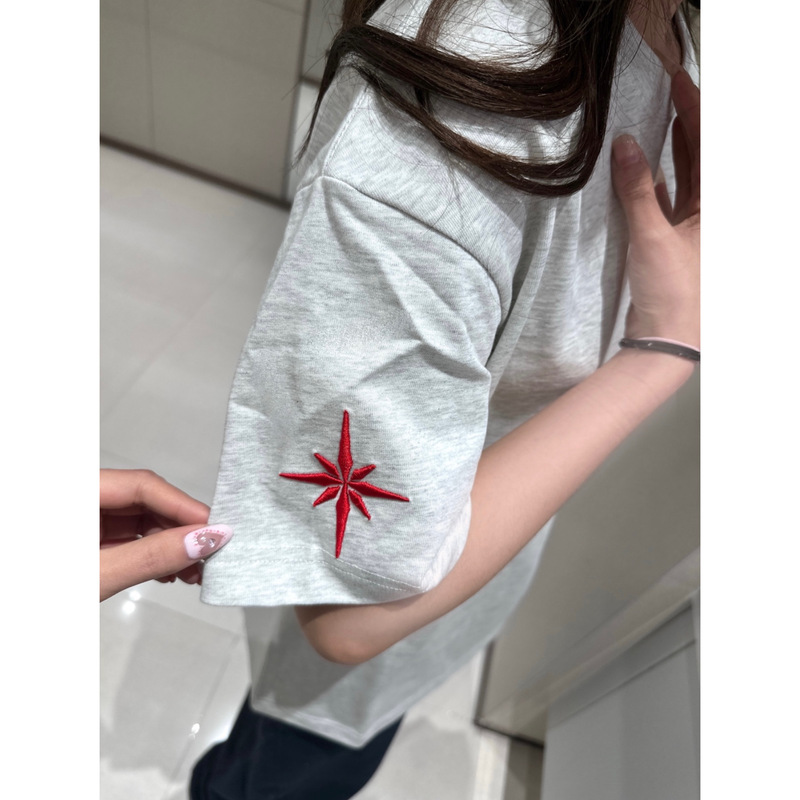 Polaris Embroidered Short-Sleeve T-Shirt for Women, Summer National Trend Brand, American Retro High Street Half-Sleeve Design Couple's Top Polaris Embroidered Short-Sleeve T-Shirt for Women, Summer National Trend Brand, American Retro High Street Half-Sleeve Design Couple's Top