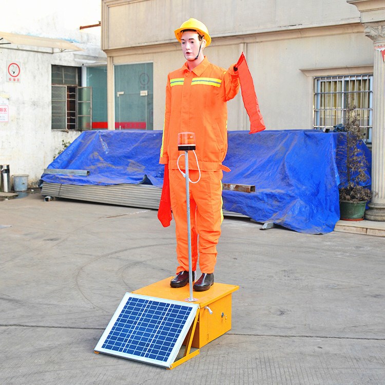 Solar-Powered Artificial Intelligence Robot Traffic Controller Dummy Highway Construction Flag-Waving Safety Officer Road Traffic Control