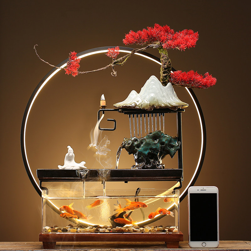 Creative Chinese-style flowing water fountain ornaments Zen lamp circle small fish tank office living room opening gift