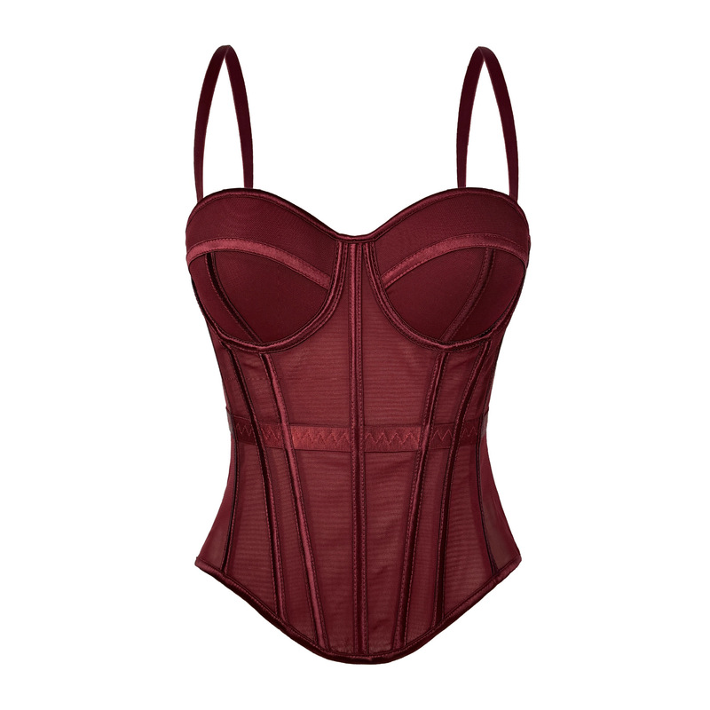 Popular Solid Color Fashion Fishbone Bra, Waist-Slimming Mesh Camisole with Chest Pads, Outerwear Fishbone Top