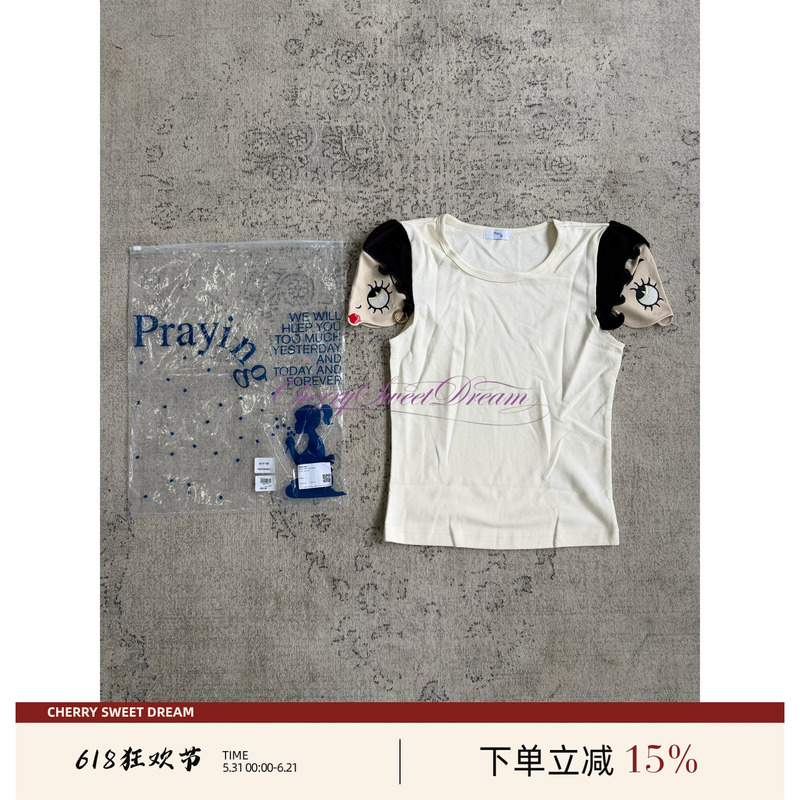 [in Stock] Praying Style Three-Dimensional Patch Embroidery Earrings Betty Top Waist-Cinching Baby Tee