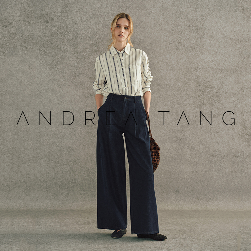 Andrea Tang｜Jeans Katherine｜Vintage Dark Blue Pure Cotton Double Pleated Denim Wide-Leg Pants for Women
