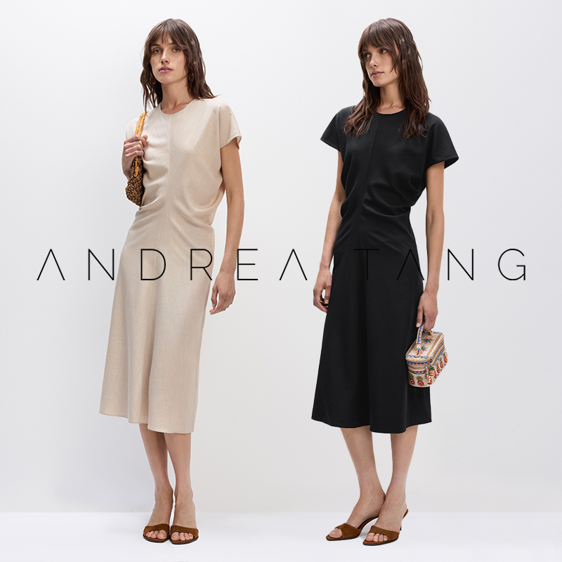 Andrea Tang｜Dress Caroline｜Tencel Wool Simple Pleated Waist-Cinching Short-Sleeved Dress