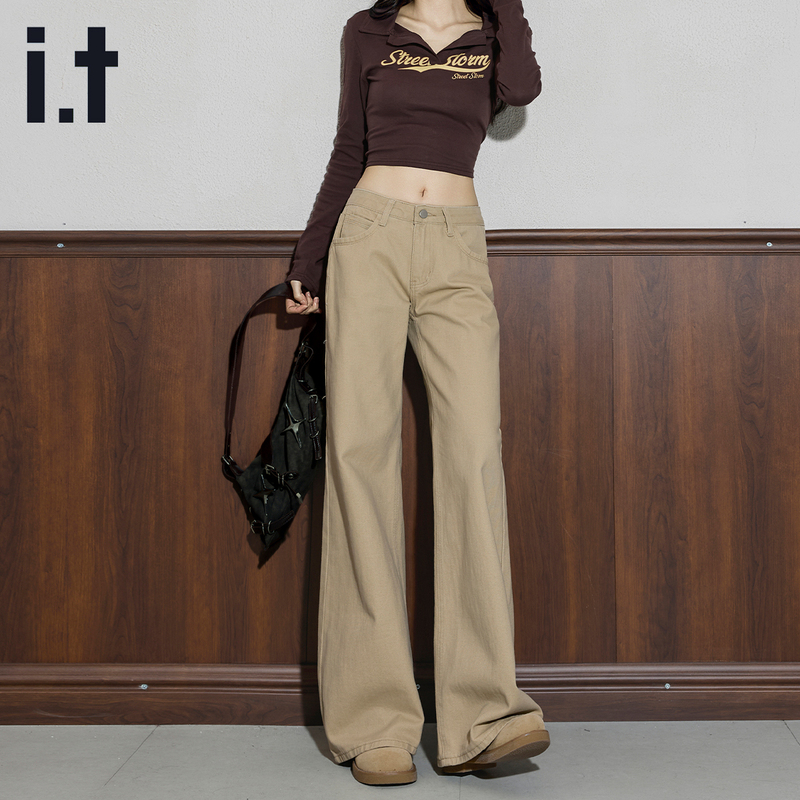 It Izzue2026 New Spring and Summer Khaki Flared Jeans for Women, American Style, Simple and Slimming Long Pants