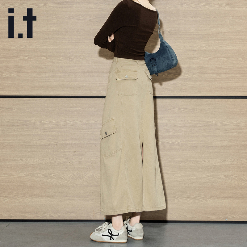 It Izzue Light Khaki American Casual Mid-Length Straight Skirt Workwear Denim Skirt for Women 26 Spring New Style