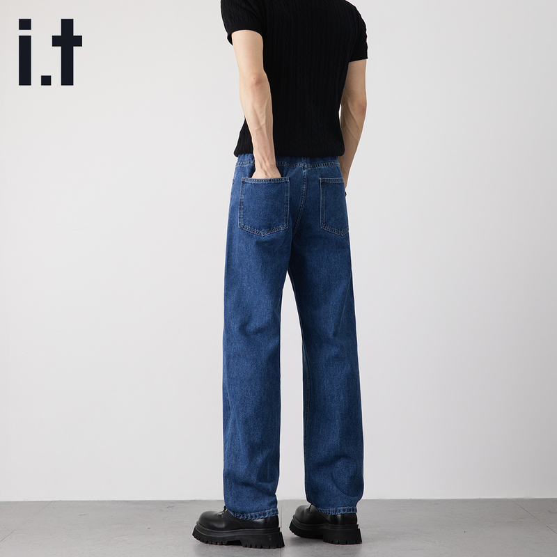 It Izzue Dark Blue Denim Pants for Men, New Spring/Summer Style, Loose Wide-Leg Trendy Straight Casual Youth Korean Style