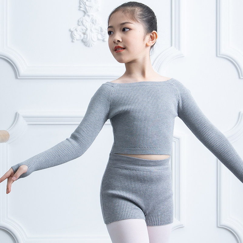 Children's Dance Sweater with Girl Ballet Chinese Dance Costumes in Fall and Winter Gray Long-sleeved Pants