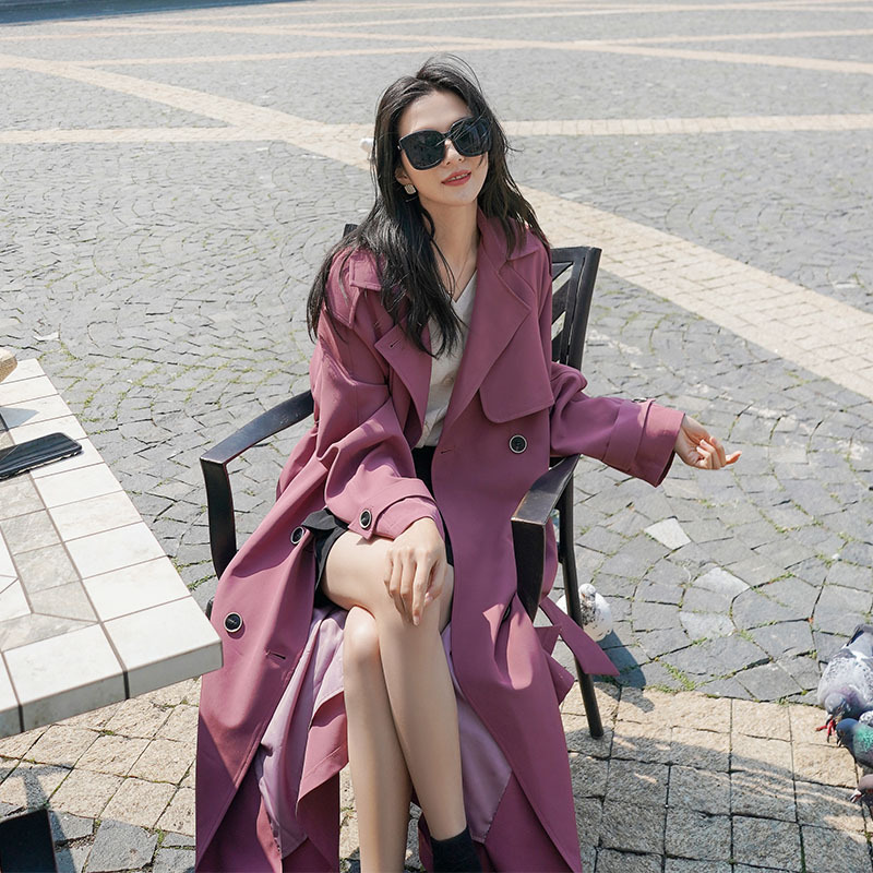 Rose Purple Trench Coat for Women, Mid-Length, Spring and Autumn 2024 New Korean Style Double-Breasted Coat