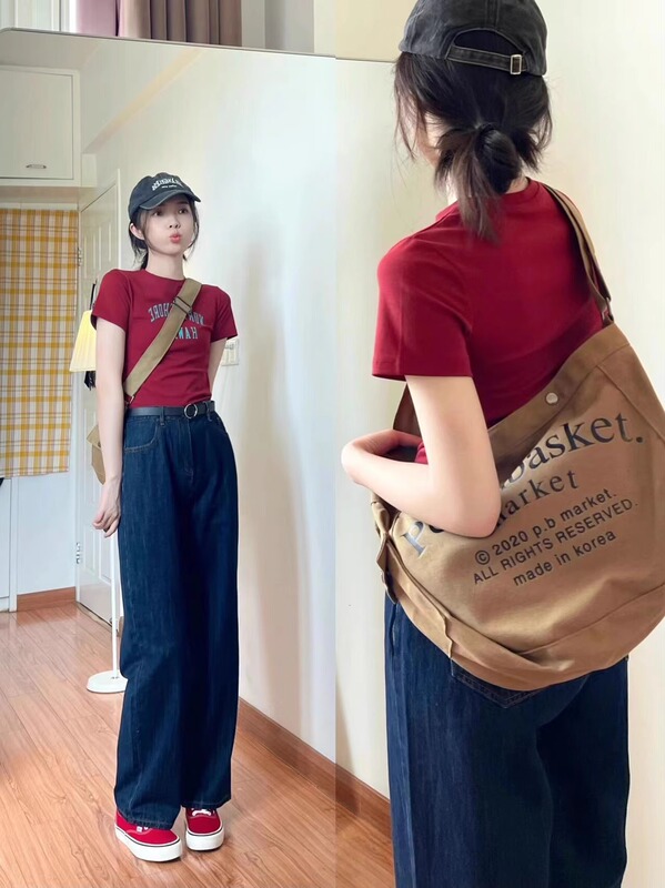 Short-Sleeved T-Shirt for Women 2026 New Summer Style Letter-Printed Shoulder Top High-Waisted Wide-Leg Denim Pants Two-Piece Set Short-Sleeved T-Shirt for Women 2026 New Summer Style Letter-Printed Shoulder Top High-Waisted Wide-Leg Denim Pants Two-Piece Set