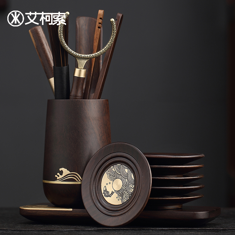 Tea ceremony six gentlemen solid wood ebony ebony set copper kung fu tea set accessories large stainless steel tea clip pen holder tea cup pad