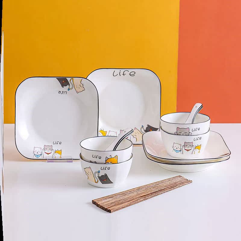 Creative cartoon ceramic bowl plate chopsticks spoon set cute eating bowl dish soup bowl 2-4 person food combination tableware
