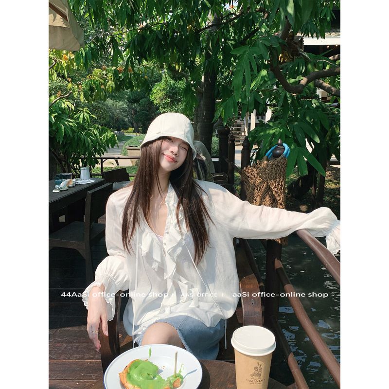 [in Stock] 44Aasi Oxygen Capsule Lyocell Ruffle Trim Lace-Up Flower Bud Long Sleeve Shirt