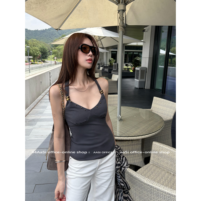 44Aasi Stylish Vest Retro Distressed Halter Cross-Design Slim Fit Sleeveless V-Neck Studded Vest