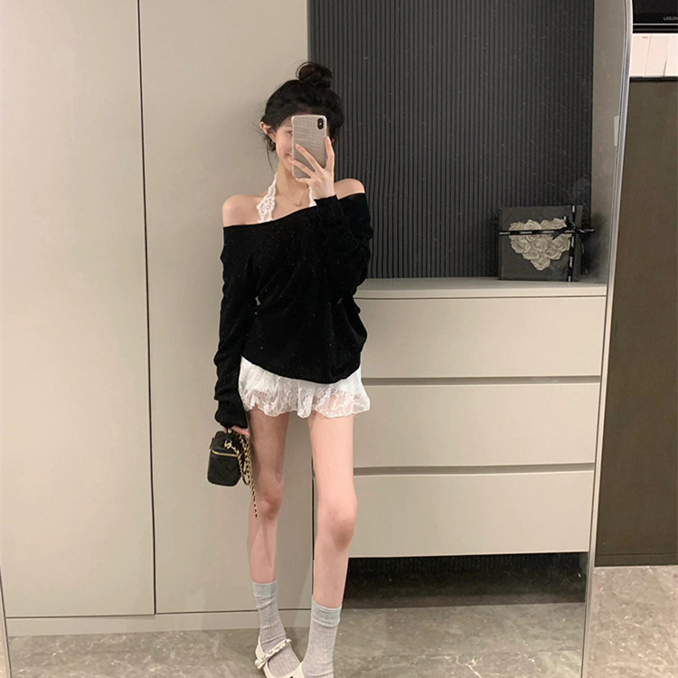 Hot Girl Pure Desire Outfit White Off-Shoulder Knit Top Women's Early Autumn Sexy Lace Halter Dress Two-Piece Set