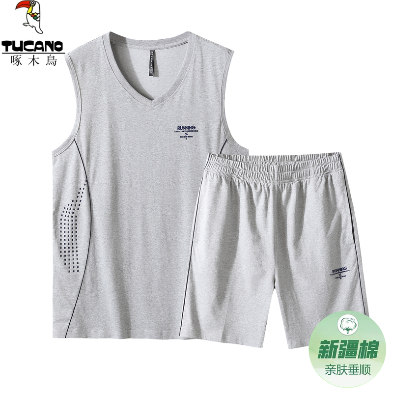 Woodpecker Sleeveless Vest Pure Cotton Sports Suit for Middle-Aged Men, Plus Size, Morning Running Suit, Dad's Summer Two-Piece Set